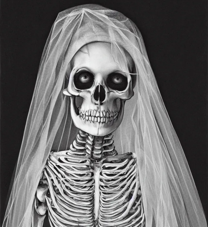 Image similar to portrait of a Bride's skeleton in veil by Laurie Lipton, high detailed, realistic,dark surrealism, hyper detailed