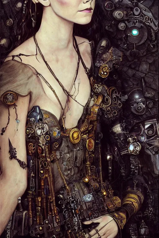 Prompt: beautiful gothic Emma Watson, cyberpunk, Warhammer, highly detailed, artstation, illustration, art by Gustav Klimt