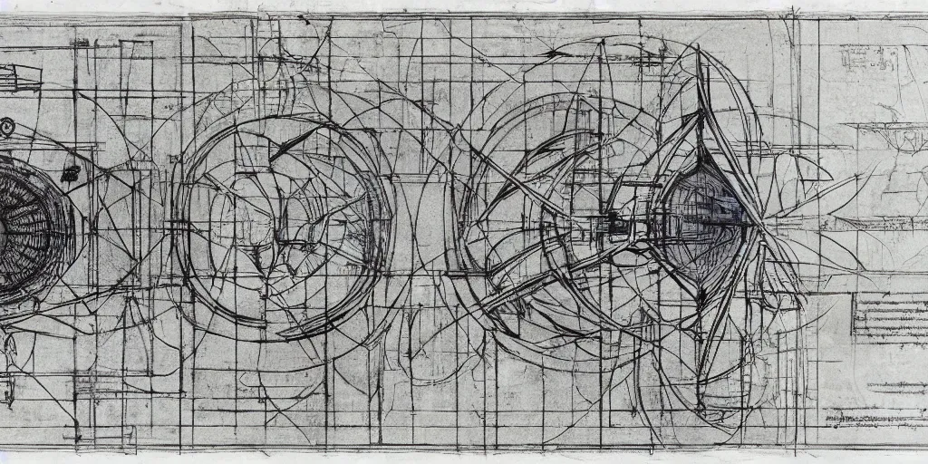 Image similar to leonardo da vinci color intricate full page scan blueprint of an environmental turbine machine, on paper, black ball pen style, :: ultra-detailed technical precision :: mixed media with white and silver lines, realistic composition, point of interest at golden ratio, light from right, more darkness on the bottom, monumentally art composition, high quality of sketching with subtle hairlines, highly detailed rounded forms, inside out and outside in, octane render