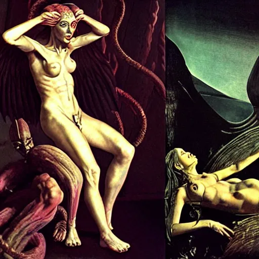 Image similar to still frame from Prometheus movie, Slaanesh succubus ornate godess by wayne barlowe by caravaggio by giger by malczewski
