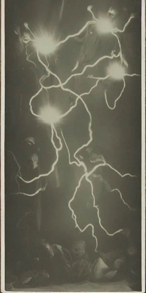 Image similar to spirit photography with glowing bulbous ectoplasm, scary shadow people, sleep paralysis demon, plasma lightning bolts, 1 9 0 0 s, slimer, mourning family, invoke fear and dread, old photograph, daguerreotype