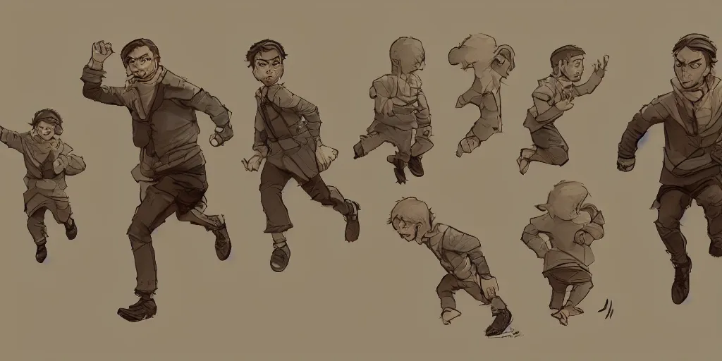 Image similar to cartoonish little leonardo di caprio running, character sheet, fine details, concept design, contrast, kim jung gi, greg rutkowski, trending on artstation, 8 k, full body, turnaround, front view, back view, ultra wide angle