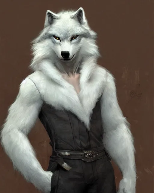 Image similar to a anthropomorphic wolf race car driver with white fur. Renowned character illustration by by Edgar Maxence and Ross Tran