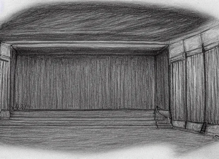 Image similar to pencil drawin of the inside of a old theater, creepy, haunted,