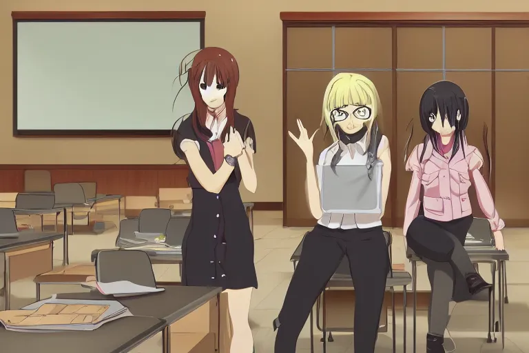 Prompt: a beautiful picture of three people in empty classroom, anime, detailed, 8 k