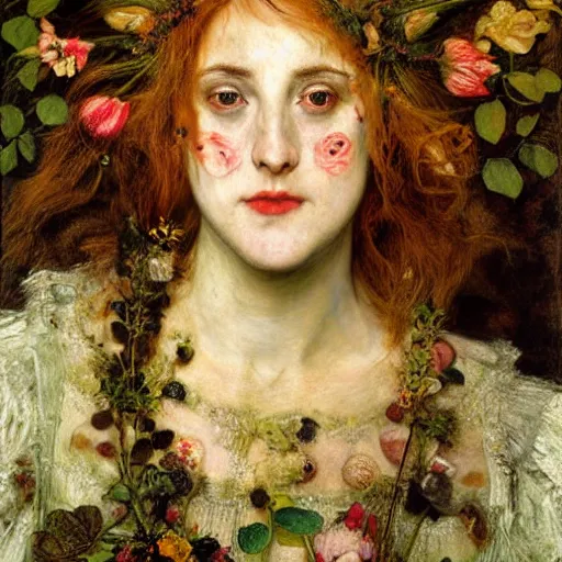 Prompt: Ophelia by John Everett Millais, painted by Arcimboldo, masterpiece