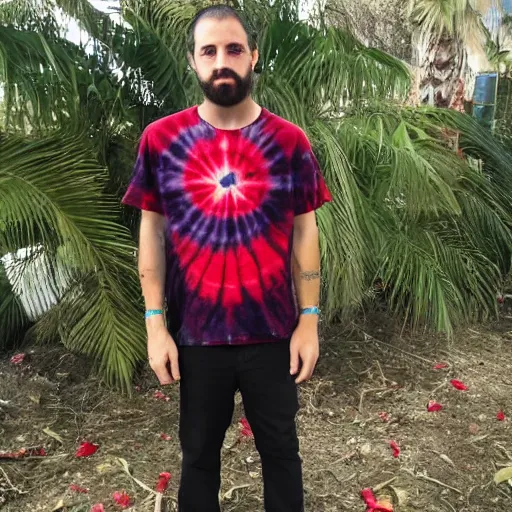 Prompt: jesus with a red tie dye shirt