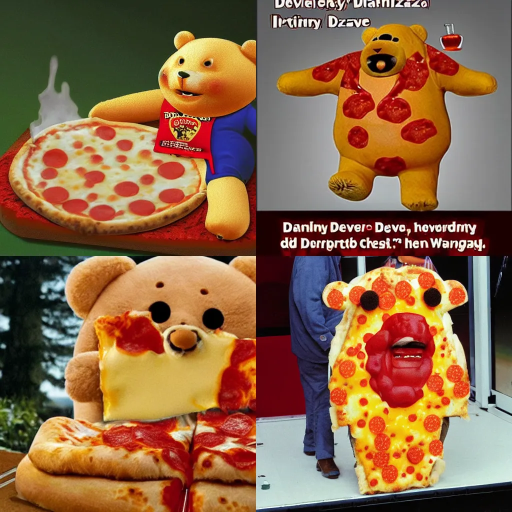 Prompt: Danny DeVito as a cheesy pizza bear covered in pepperoni and dripping with cheese helping D.B. Cooper set his broken leg after he parachuted down into a Washington area forest