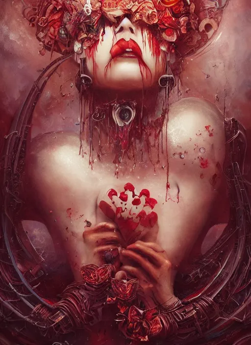 Prompt: queen of hearts, solarpunk style, highly detailed, cinematic, 8 k, by megan duncanson, benjamin lacombe, adrian borda, stanley artgermm, tom bagshaw, craig mullins, carne griffiths, ayami kojima, beksinski, giger, trending on deviantart, hyper detailed, horror, full of colour