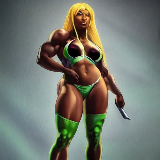 Image similar to full figure ultra realistic illustration, megan thee stallion as she - hulk, intricate, elegant, highly detailed, digital painting, artstation, concept art, smooth, sharp focus, illustration, art by artgerm and greg rutkowski and alphonse mucha