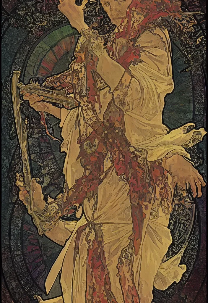 Prompt: Jurgen Schmidhuber as the Devil on a tarot card, tarot major arcana in art style by Alphonse Mucha