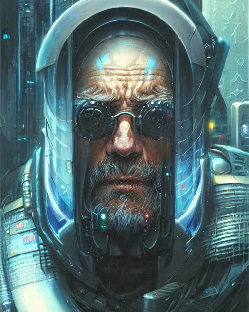 Prompt: a detailed portrait of cyberpunk old man by Greg Staples and Peter Mohrbacher