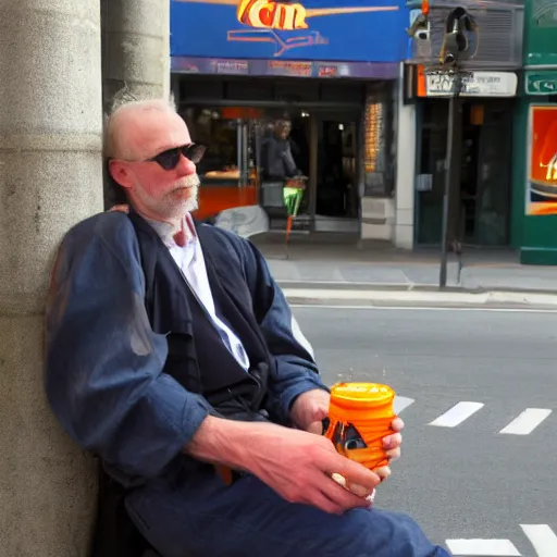 Image similar to hugh hopper on a street corner eating an orange and sipping pepsi