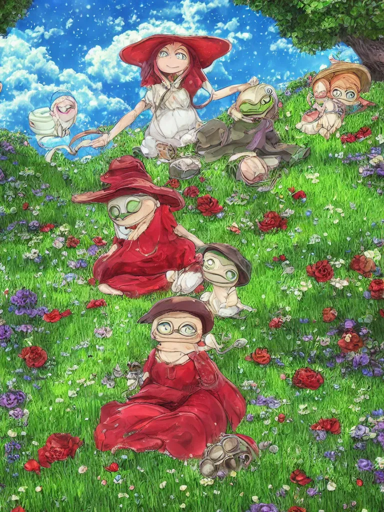 Prompt: high resolution 4k happiness of pepe love and family worlds of love and joy the of field of eternal fortunes made in abyss design Tony DiTerlizzi ivory dream like storybooks pepe the frog happy alone in a field sitting wholesome soft and warm the value of love a clear prismatic sky, red woods Canopy love, warm ,Luminism, prismatic , fractals , pepe the frog , art in the style of Tony DiTerlizzi , Francisco de Goya and Akihito Tsukushi and Gustave dore and Arnold Lobel