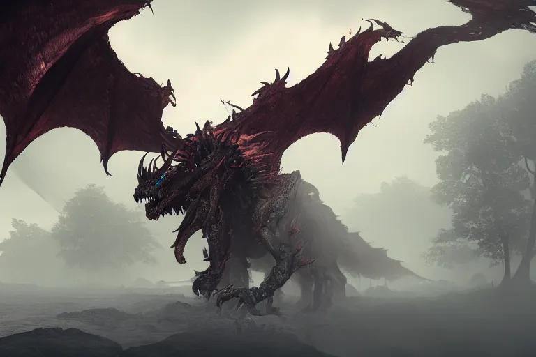 Prompt: amplified ritual engine, closeup portrait of a colossal monster dragon with outstretched wings, shrouded in fog, dramatic lighting, unreal engine, cgsociety, artstation, 4k