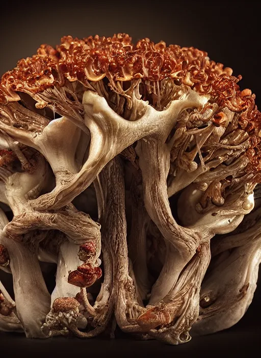 Image similar to magic mushroom with translucent skin, visible muscles and veins and arteries and bones and spines and nerves, beautiful detailed intricate insanely detailed octane render, 8k artistic photography, photorealistic, chiaroscuro, by David Cronenberg, Raphael, Caravaggio