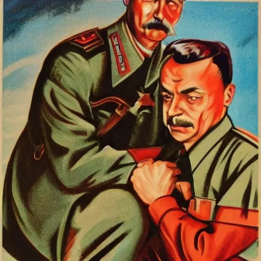 Prompt: hungarian prime minister viktor orban sitting on the knee of joseph stalin, soviet propaganda poster art from 1 9 5 0, highly detailed, colored