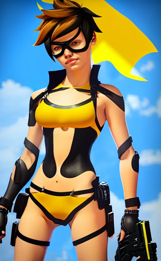 Image similar to tracer game character, in yellow bikini, blonde hair, black eyes, full height
