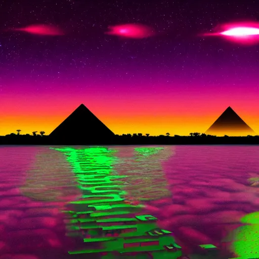 Image similar to cityscape full of mayan pyramids with neons and ufos in the sky viewed from a lake in retrowave style 4 k