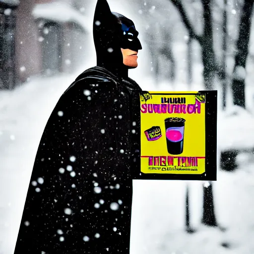 Image similar to batman wearing a sandwich board that is advertising slurm soda, rule of thirds, photograph, ultra detailed, crispy, overcast, snowing, moscow, gritty.