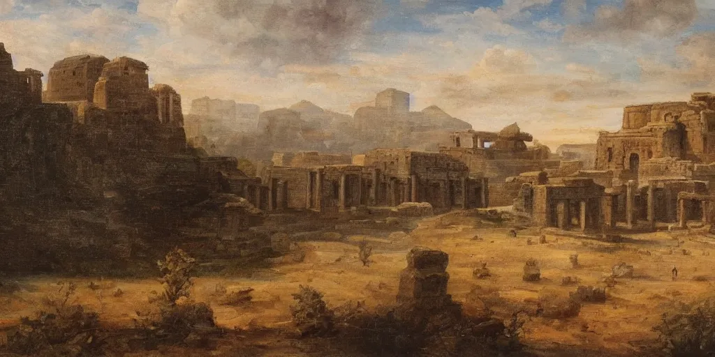 Image similar to stunning landscape painting of an ancient city