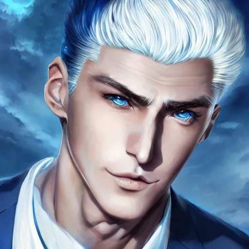 Prompt: semi realistic anime illustration of short slick backed white haired man, wearing dark blue suit, with beautiful hyperdetailed sky blue eyes, facing camera directly, full face portrait made by Stanley Artgerm, WLOP, Rossdraws, James Jean Andrei Riabovitchev, Marc Simonetti, Yoshitaka Amano, Artstation