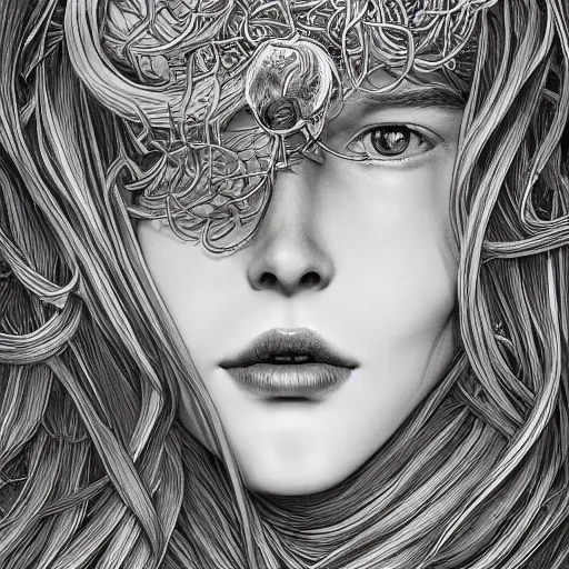 Image similar to the portrait of an unbelievably beautiful woman partially made of onion rings, an ultrafine detailed illustration by james jean, final fantasy, intricate linework, bright colors, behance contest winner, vanitas, angular, altermodern, unreal engine 5 highly rendered, global illumination, radiant light, detailed and intricate environment