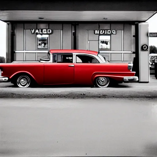 Prompt: stylized photo of a red car at a gas station in 1956