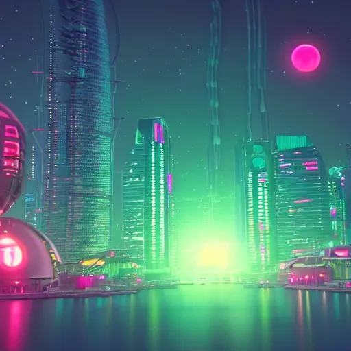 Prompt: neon sci - fi city, futuristic, neon colours, high saturation, high def, 8 k, hd, two moons on night sky,