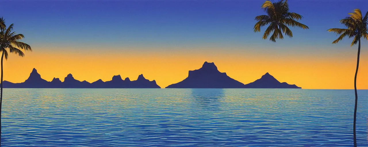 Image similar to serene bora bora landscape, golden hour, hiroshi nagai