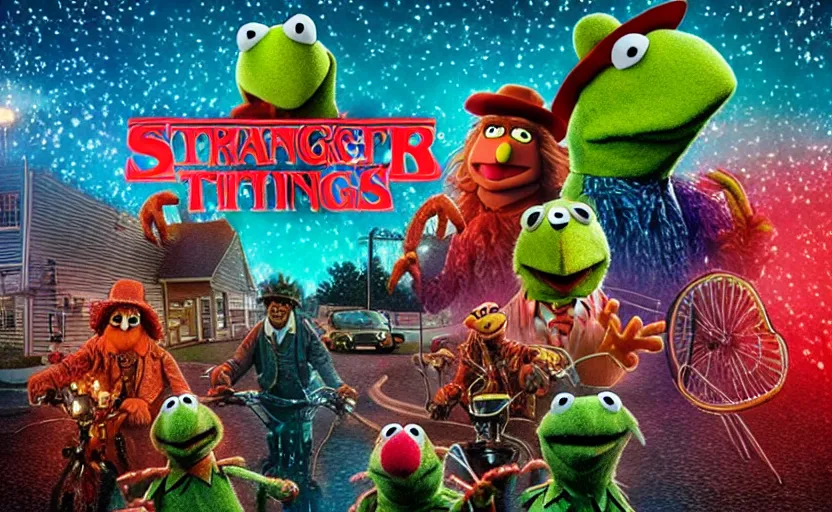 Prompt: a still of muppets in stranger things. highly detailed felt. hyper real photo. 4 k.