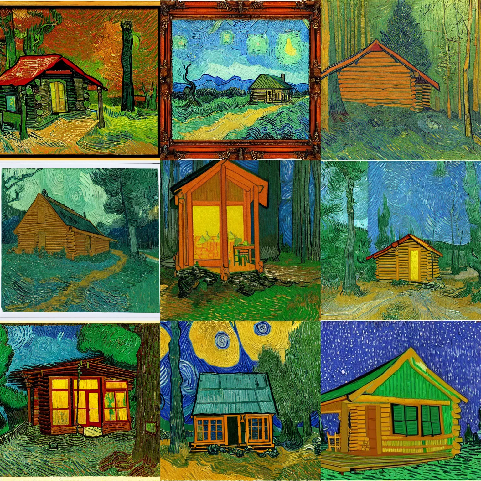 Prompt: [ a log cabin in the forest ] [ van gogh ] [ muted ]