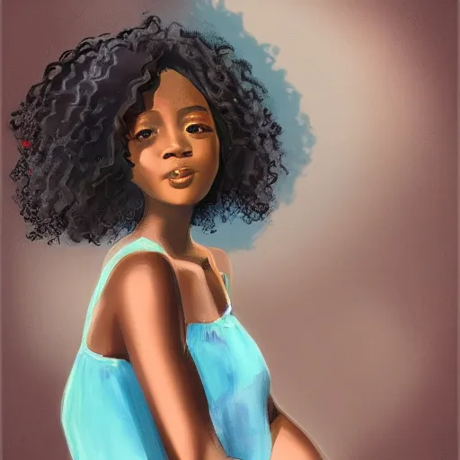 Prompt: a portrait of a black girl wearing a sundress with curly hair, digital art,trending on art station