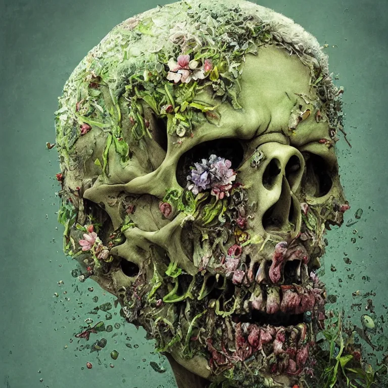 Image similar to A beautiful oil painting hyperrealism of a decayed zombie head, green bulging eyes, rotten green skin, grey beard, blue veins, skull bones flowers, 8k resolution, octane render, Trending on artstation, by Gediminas Pranckevicius, volumetric light 2blue fractal Thunder glow by dan mumford, anaglyph effect, Laurie Lipton