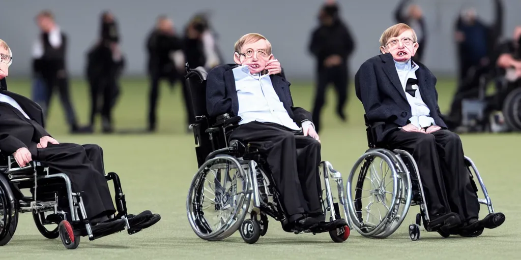 Prompt: stephen hawking is playing football, moving his wheelchair fast