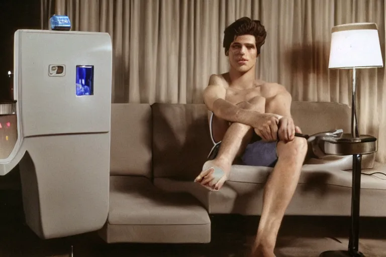 Image similar to an extremely realistic life-sized slushie machine made of porcelain, handsome male model sitting on a gray couch, from 1985, bathed in the glow of a television, low-light photograph