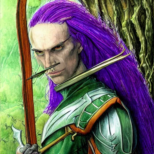 Image similar to male wood elf, pointy ears, long purple hair, holding a longbow, green leaf cloak, leather armor, metal gauntlets, green eyes. in the style of alan lee and john howe. fantasy. detailed.