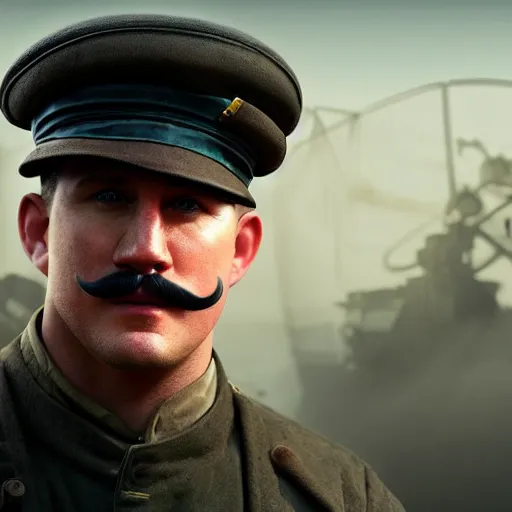 Prompt: fullbody photo of channing tatum with handlebar moustache, wearing ww 1 clothes in gray black beanie on head, villages at background, style ivan talavera and artgerm, radiant lighting, hyper realistic, photorealistic, octane render, trending on artstation, cgsociety, cinematic light, global illumination