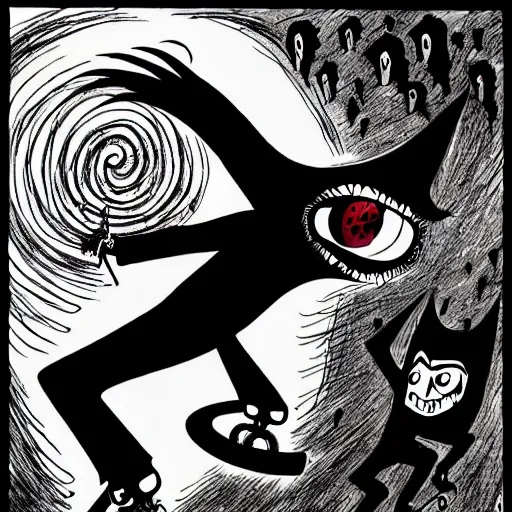 Image similar to black and white trippy comic art of dracula the vampire roller skating on roller skates, drawn by martin rowson, tim burton, studio ghibli, alex pardee, nekro petros afshar, james mcdermott, surrealist, cgsociety 4 k