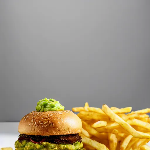 Prompt: a hamburger with guacamole topping and crispy fried onion topping and fried egg topping next to a bowl of french fries, crispy buns, 8 k resolution, studio lighting, sharp focus, hyper - detailed