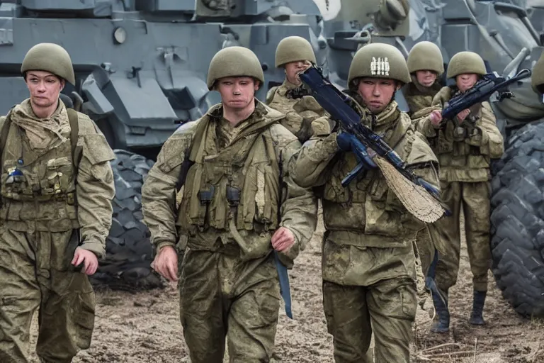 Image similar to promotional image of <Ukrainian fully equiped soldier with blue and yellow flag> as <Professional soldiers> in the new movie directed by <Tetsuya Nomura>, <fully equiped professional soldiers>, detailed face, movie still frame, promotional image, imax 70 mm footage