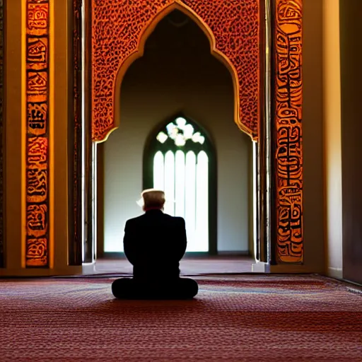 Image similar to Trump praying in mosque, award winning cinematic photography, 50 mm, blurred background, trending on Shutterstock