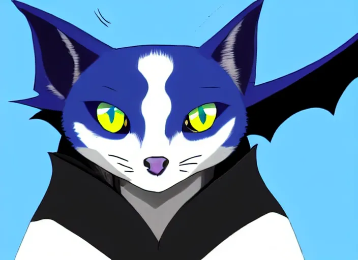 Image similar to a blue - and - black male catbat fursona with blue / green heterochromatic eyes ( differently - colored eyes, one eye green, one eye blue ) and huge bat ears, photo of the catbat streaming on his computer