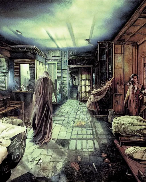 Image similar to illustration from the 2 0 0 0 s supernatural thriller'when the wallower rolls ', a high quality high detail painting by david mattingly and alan lee and dave mckean and richard corben, hd 4 k 8 k, realistic hyperdetailed scene painting, photorealistic lighting, urban horror aesthetic, composition and scene layout inspired by gregory crewdson and joshua hoffne.
