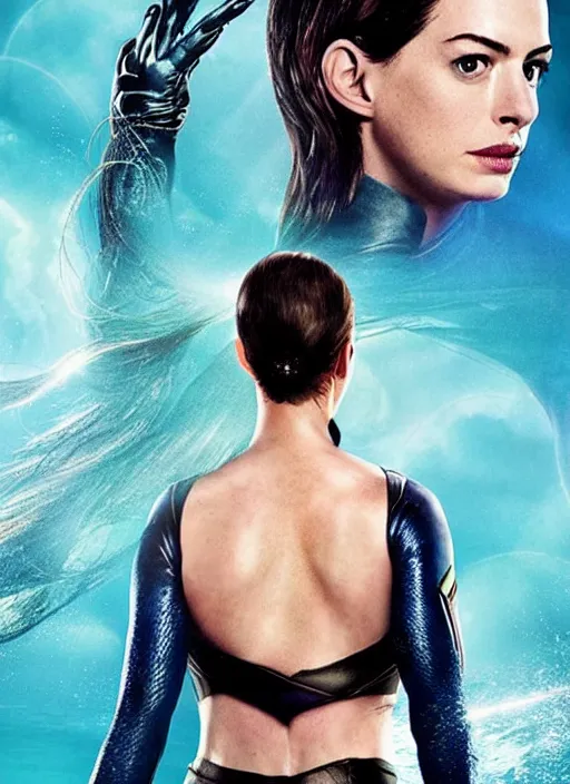 Image similar to a movie poster for a 2020 superhero movie Aquawoman, starring Anne Hathaway, designed by John Alvin