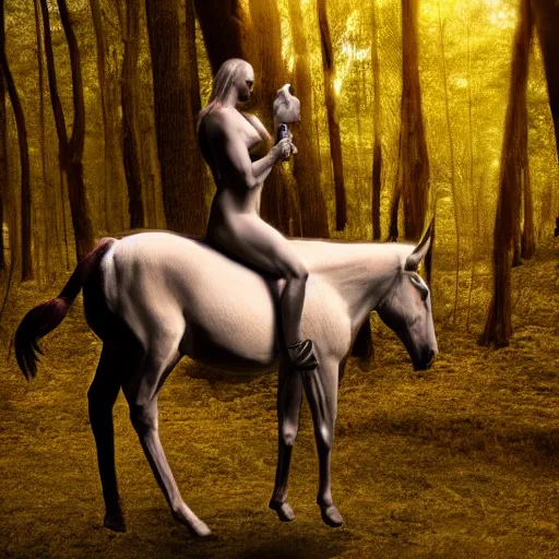 Image similar to centaur consisting of a horse and a human, featured on artstation, photograph captured in a dark forest