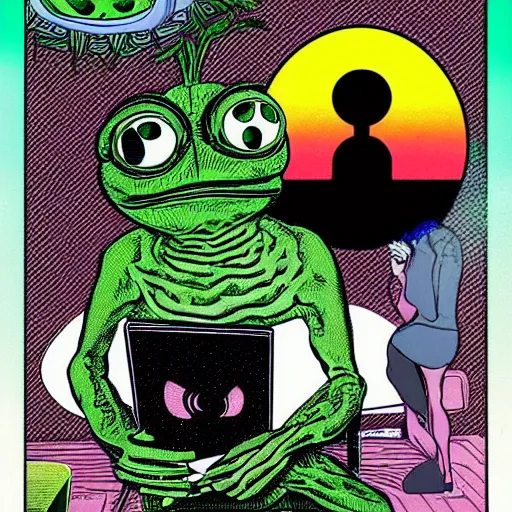 Image similar to pepe the frog being abducted by aliens in the living room of a house, floating dark energy surrounds them. there is one plant to the side of the room, surrounded by a background of dark cyber mystic alchemical transmutation heavenless realm, fish eye lens, cover artwork part by patrick nagel, part by virgil finlay, palette knife texture, highly detailed