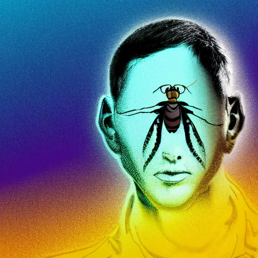 Image similar to human man that resembles a wasp morh in surreal sketch style, blue and yellow gradient, noise, ultrafine detail, hd 8k, logo illustration