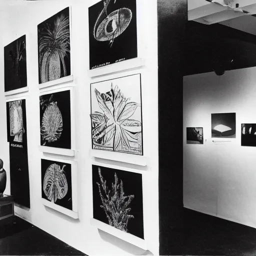 Image similar to A black and white photo in sérigraphie of an exhibition space with works of Sun Ra, Marcel Duchamp and tropical plants, 60s style, art magazine