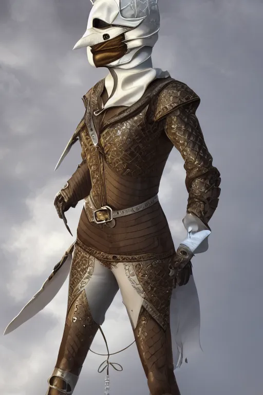 Image similar to female adventurer in tight full - body canary color gambeson leather armor of italian design with diamond pattern and a white porcelain crow mask, trending in artstation, establishing shot